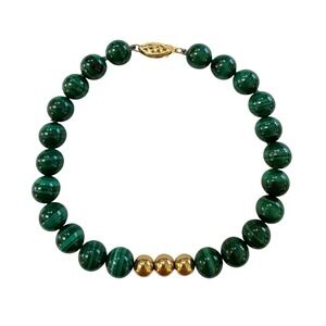 Vintage Green Malachite Bead Necklace Gold Tone Accents Filigree Clasp 8.25 Inch